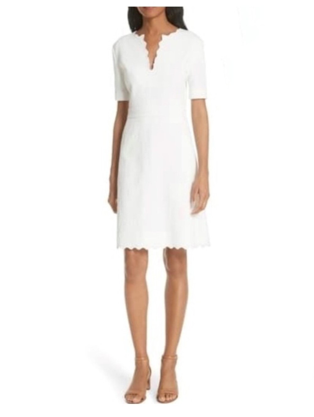 Tory Burch White Scallop-Trim Short Sleeve Jacquard Dress - Size 12